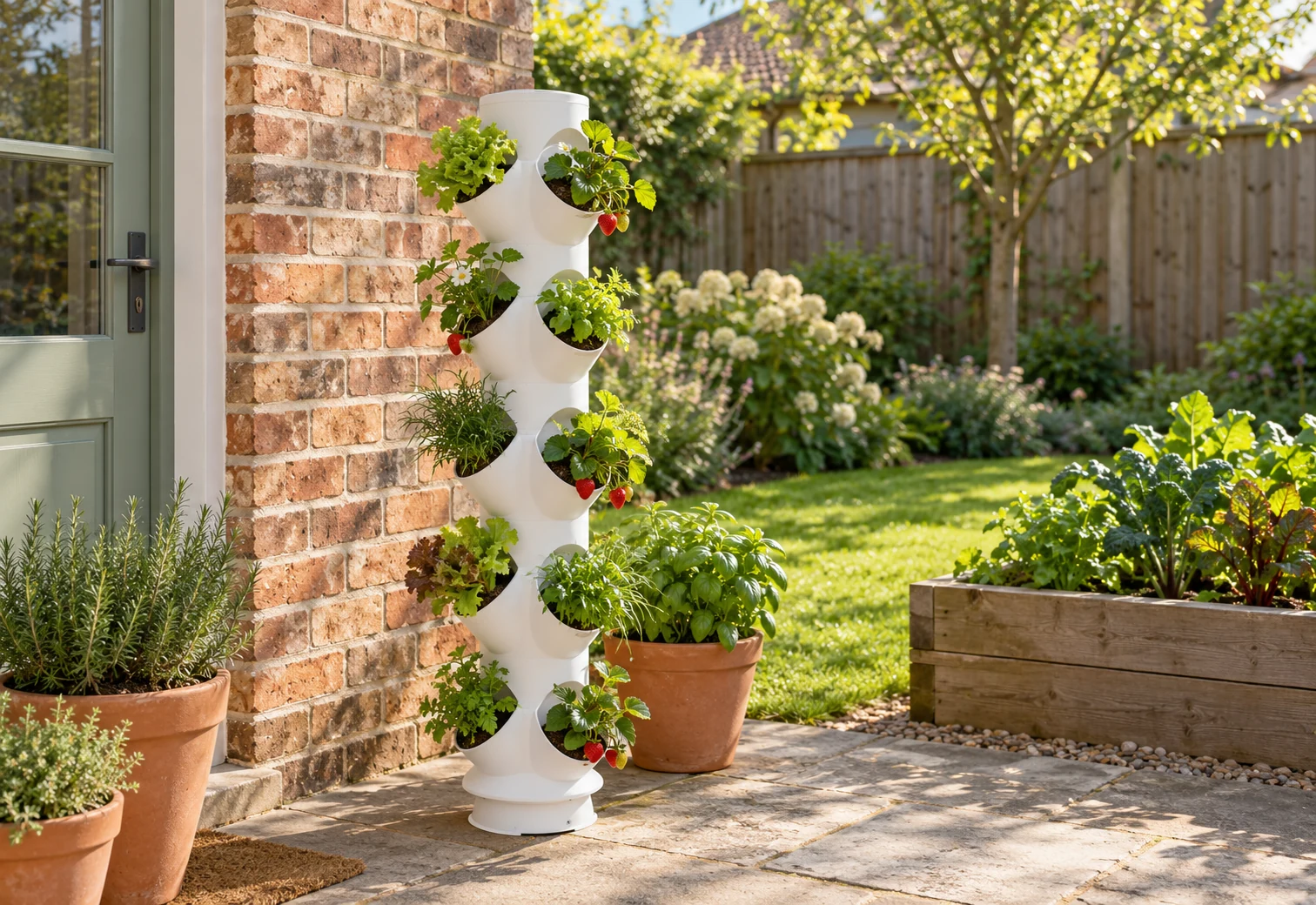 AI-generated concept of a white vertical planter growing leafy plants in a small backyard corner.
