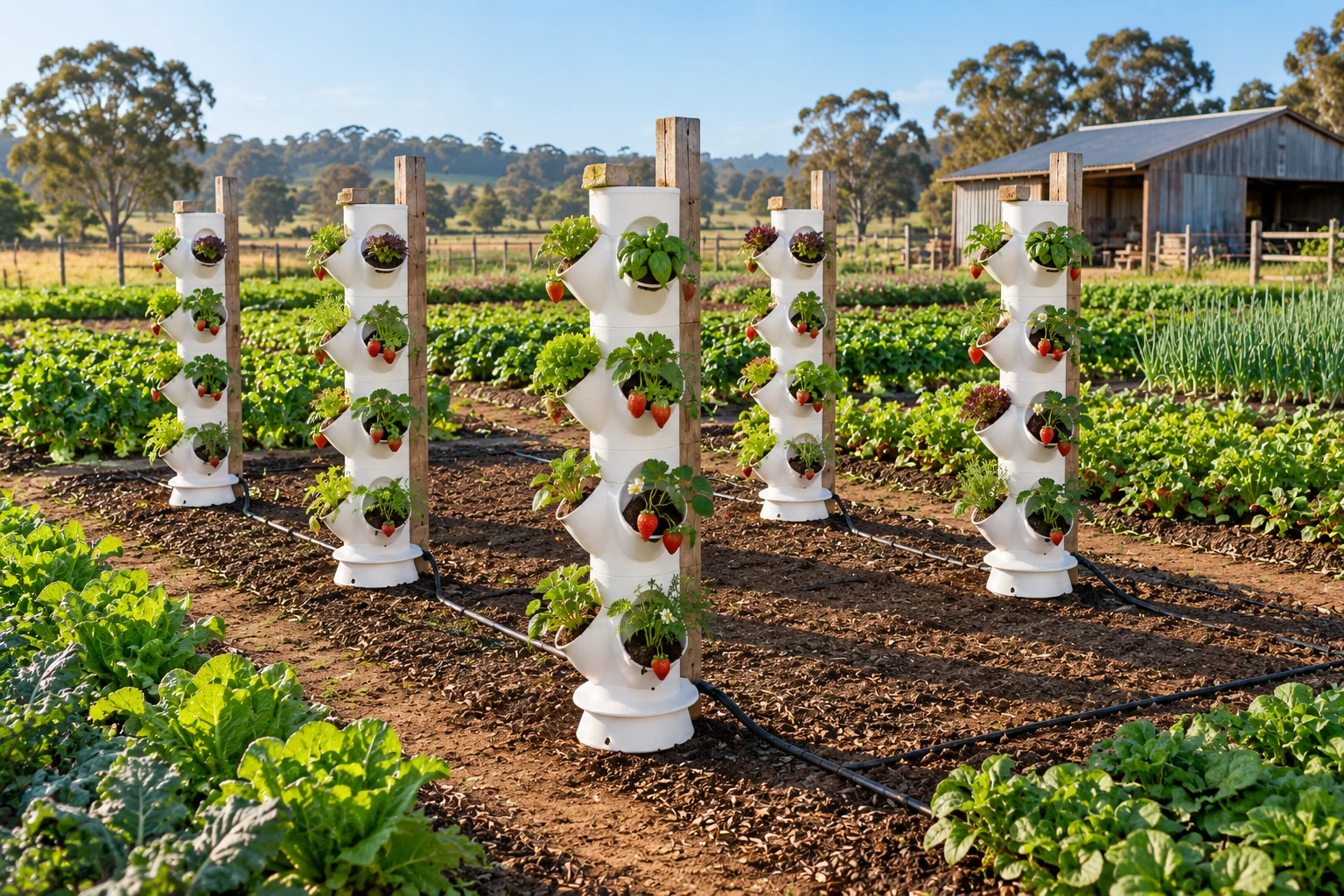 AI-generated illustration of multiple white vertical planter towers arranged on a farm with paths between them.